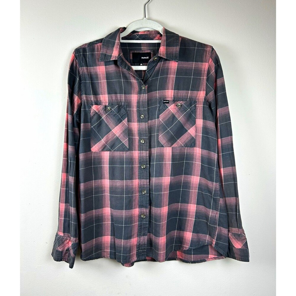 Hurley Women’s Flannel Plaid Button-Up Shirt Long Sleeve Size M Gray Pink